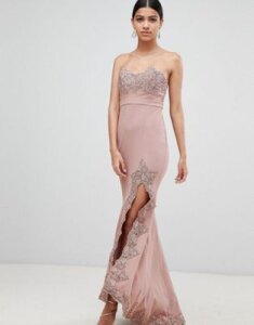 Love Triangle lace trim bandeau maxi dress with thigh split-Pink