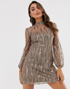 Love Triangle long sleeve mini dress with foiled mesh overlay in black and gold-Multi