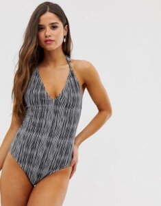 Luxe Palm blurred stripe plunge front swimsuit-Multi