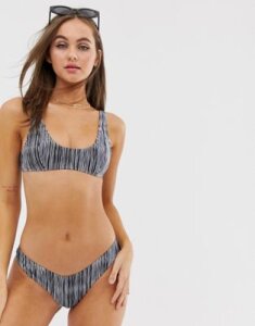 Luxe Palm mix and match blurred stripe scoop front bikini top-Black