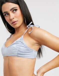 Luxe Palm rouched cup crop bikini top in silver