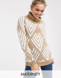 Mamalicious maternity abstract roll neck sweater-Beige