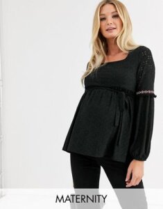 Mamalicious Maternity broderie smock top with square neck in black