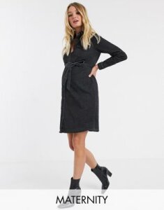 Mamalicious Maternity denim shirt dress with belted waist in washed black