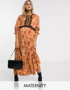 Mamalicious Maternity maxi dress with lace insert in rust paisley-Multi