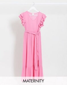 Mamalicious Maternity maxi dress with ruffle trims in pink