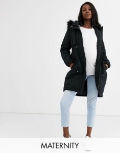 Mamalicious Maternity parka with faux fur hood in black