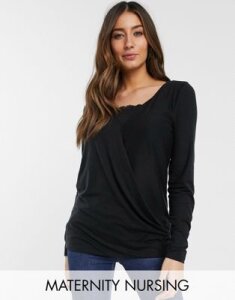 Mamalicious nursing jersey top with lace detail in black