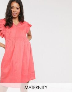 Mamalicious ruffle shoulder dress in coral-Pink
