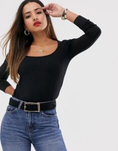 Mango square ribbed long sleeved top in black