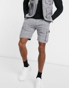 Mauvais co-ord utility cargo shorts with logo belt in gray check