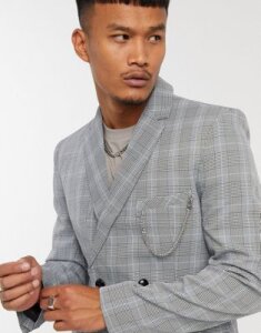 Mauvais double breasted check blazer with chain in gray