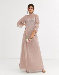 Maya Bridesmaid delicate sequin tulle maxi dress in taupe blush-Brown