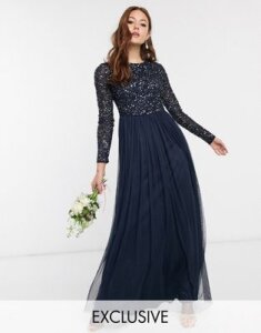 Maya Bridesmaid long sleeve maxi tulle dress with tonal delicate sequins in navy