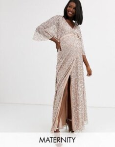 Maya Maternity Bridesmaid delicate sequin wrap maxi dress in taupe blush-Brown