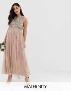 Maya Maternity Bridesmaid sleeveless midaxi tulle dress with tonal delicate sequin overlay in taupe blush-Brown