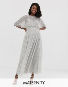 Maya Maternity delicate embellished cape midaxi dress in soft gray