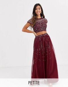 Maya Petite Bridesmaid delicate sequin top two-piece in wine-Red