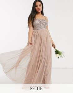 Maya Petite Bridesmaid sleeveless square neck maxi tulle dress with tonal delicate sequin in taupe blush-Brown