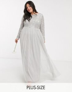 Maya Plus Bridesmaid long sleeve v back maxi tulle dress with tonal delicate sequin overlay in silver-Gray