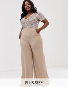 Maya Plus v neck delicate sequin jumpsuit with palazzo leg in taupe blush-Pink