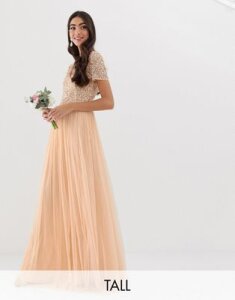 Maya Tall Bridesmaid V neck maxi dress with delicate sequin in soft peach-Pink