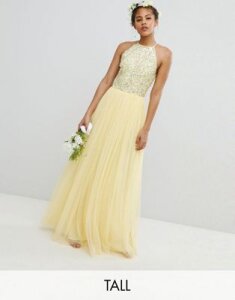 Maya Tall Halterneck Delicate Sequin Detail Tulle Maxi Dress-Yellow