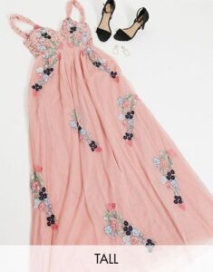 Maya Tall plunge front contrast floral embellished maxi dress in pink-Purple