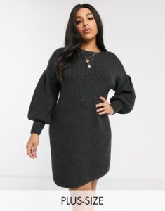 Micha Lounge Curve mini sweater dress with balloon sleeves in rib knit-Black