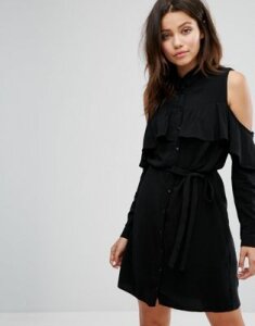 Miss Selfridge Cold Shoulder Ruffle Shirt Dress-Black