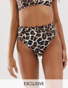 Miss Selfridge Exclusive high waisted bikini bottoms with belt in leopard print-Beige