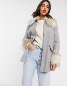 Miss Selfridge faux fur trim duffle coat in gray