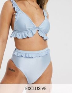 Miss Selfridge frill detail high waisted bikini bottom in blue