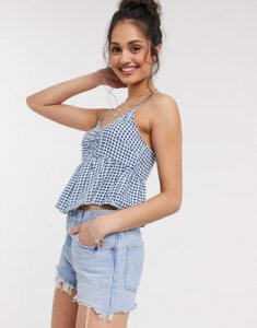 Miss Selfridge gingham ruched cami top in navy-Blue