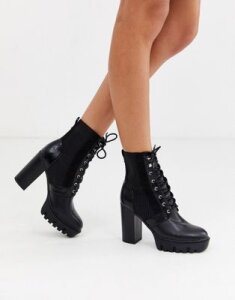 Miss Selfridge heeled hiker boots with lace up in black
