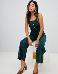 Miss Selfridge jumpsuit with button detail in green check-Multi
