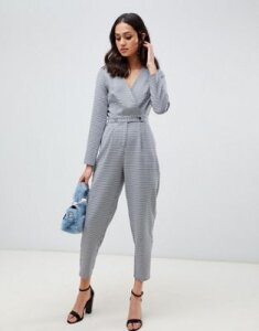 Miss Selfridge jumpsuit with button detail in houndstooth print-Black