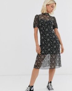 Miss Selfridge mesh midi dress in ditsy print-Black