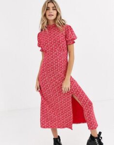 Miss Selfridge midi dress with high neck in floral print-Red