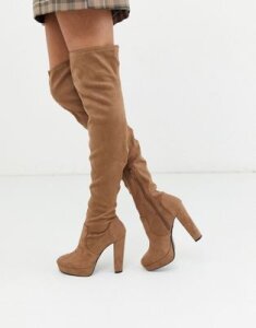 Miss Selfridge over the knee heeled boots in camel-Tan