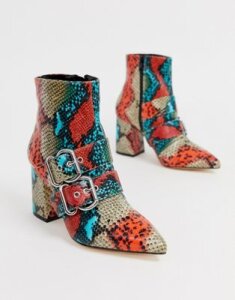 Miss Selfridge pointed boots with double buckle in snake print-Multi