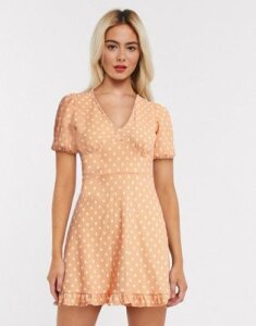 Miss Selfridge polka dot mini dress in pale peach-Orange