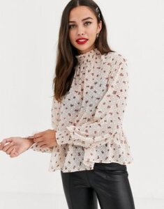 Miss Selfridge smock blouse with shirred neck in ditsy floral print-Multi
