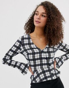 Miss Selfridge wrap blouse with button front in check-Navy