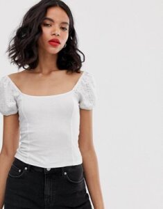Monki broderie anglaise top with puff sleeves in white