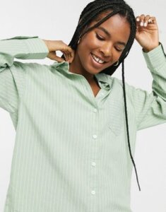Monki button through oversized shirt in green and white stripe