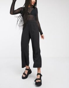 Monki Cilla jersey ribbed wide leg cropped pants in black