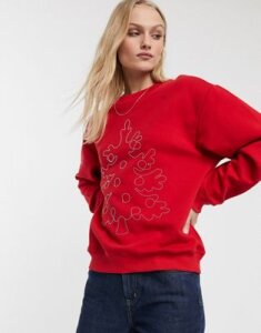 Monki embroidered Holidays tree sweat in red