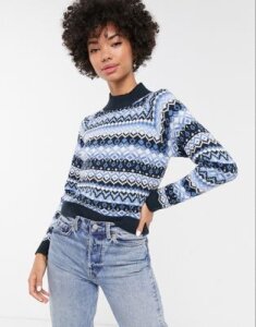 Monki fairisle print high-neck sweater in blue