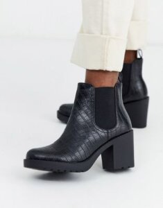 Monki heeled croc print ankle boots in black
